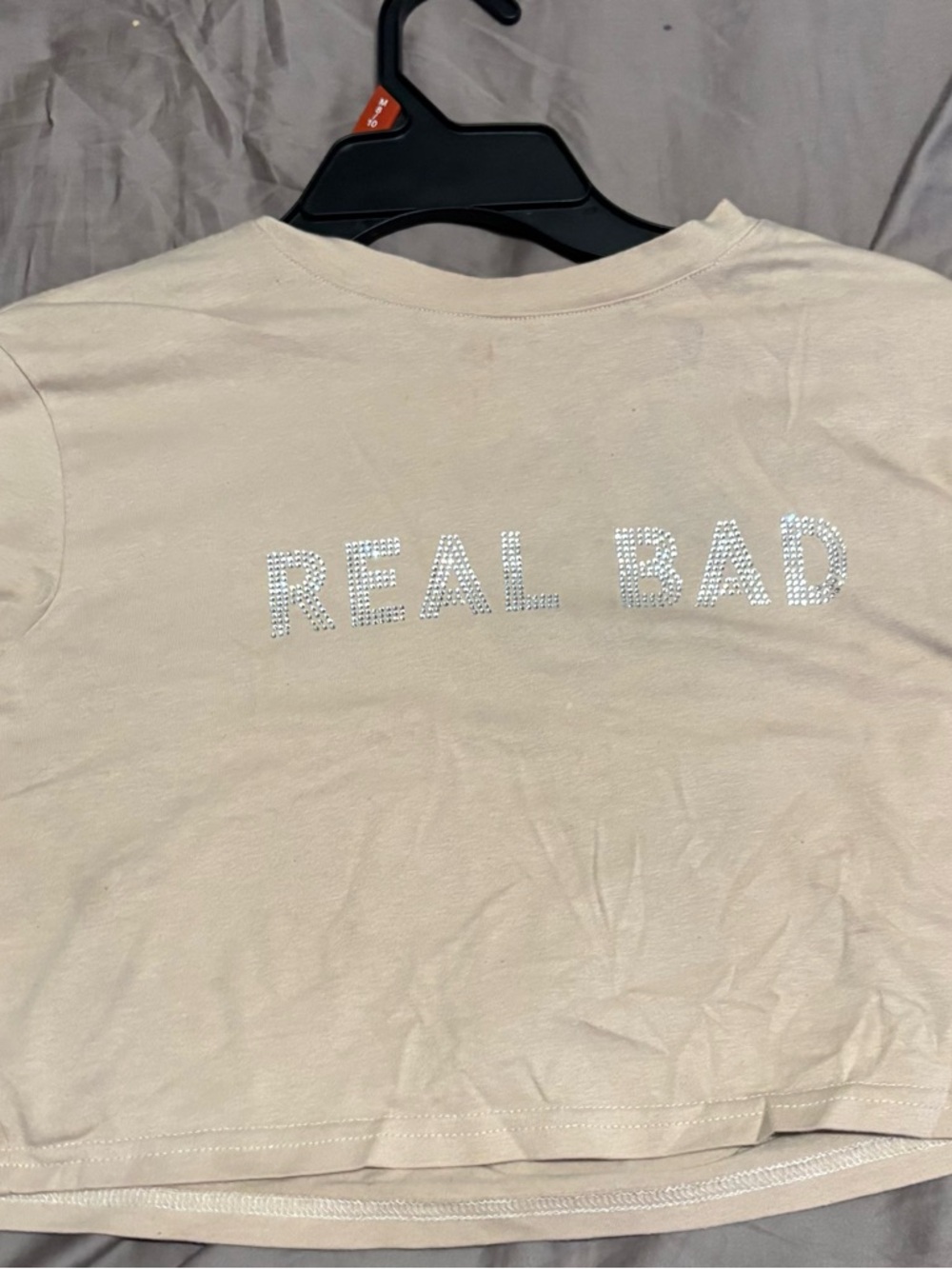 SHEIN Beige 'REAL BAD' Rhinestone Crop Top